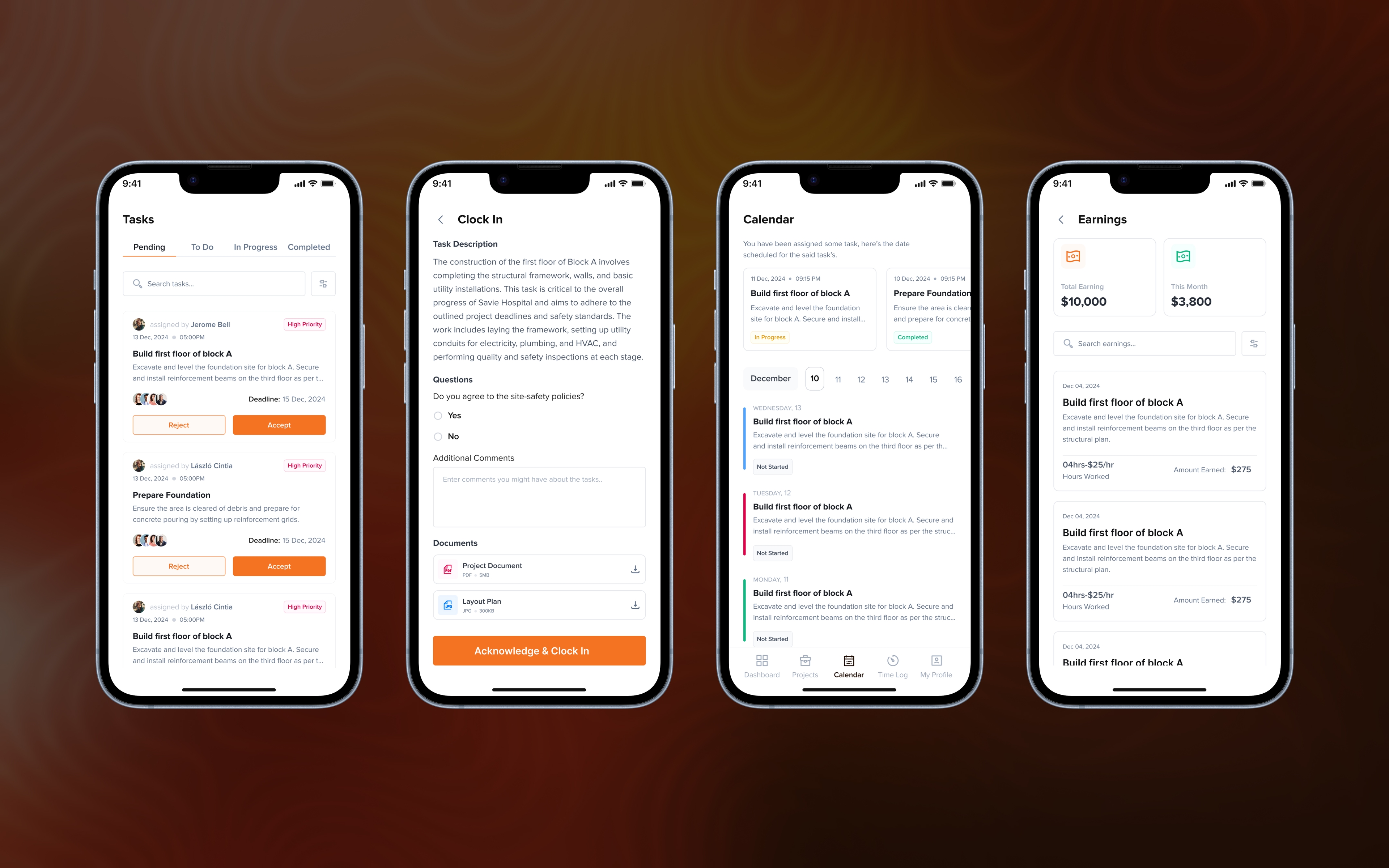 Worker task, clock-in, time logging and payment journey