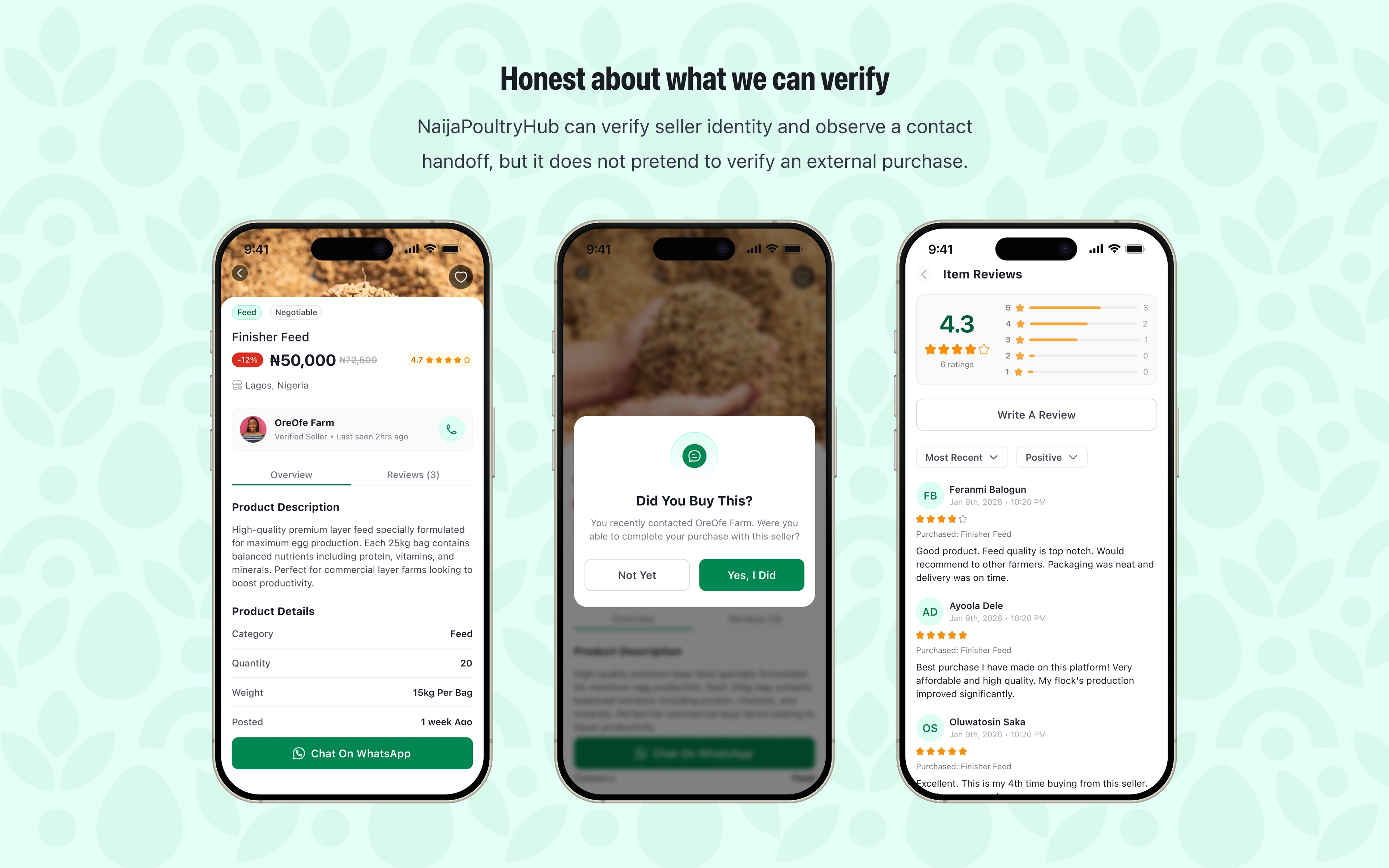 Seller verification, WhatsApp handoff and review flow